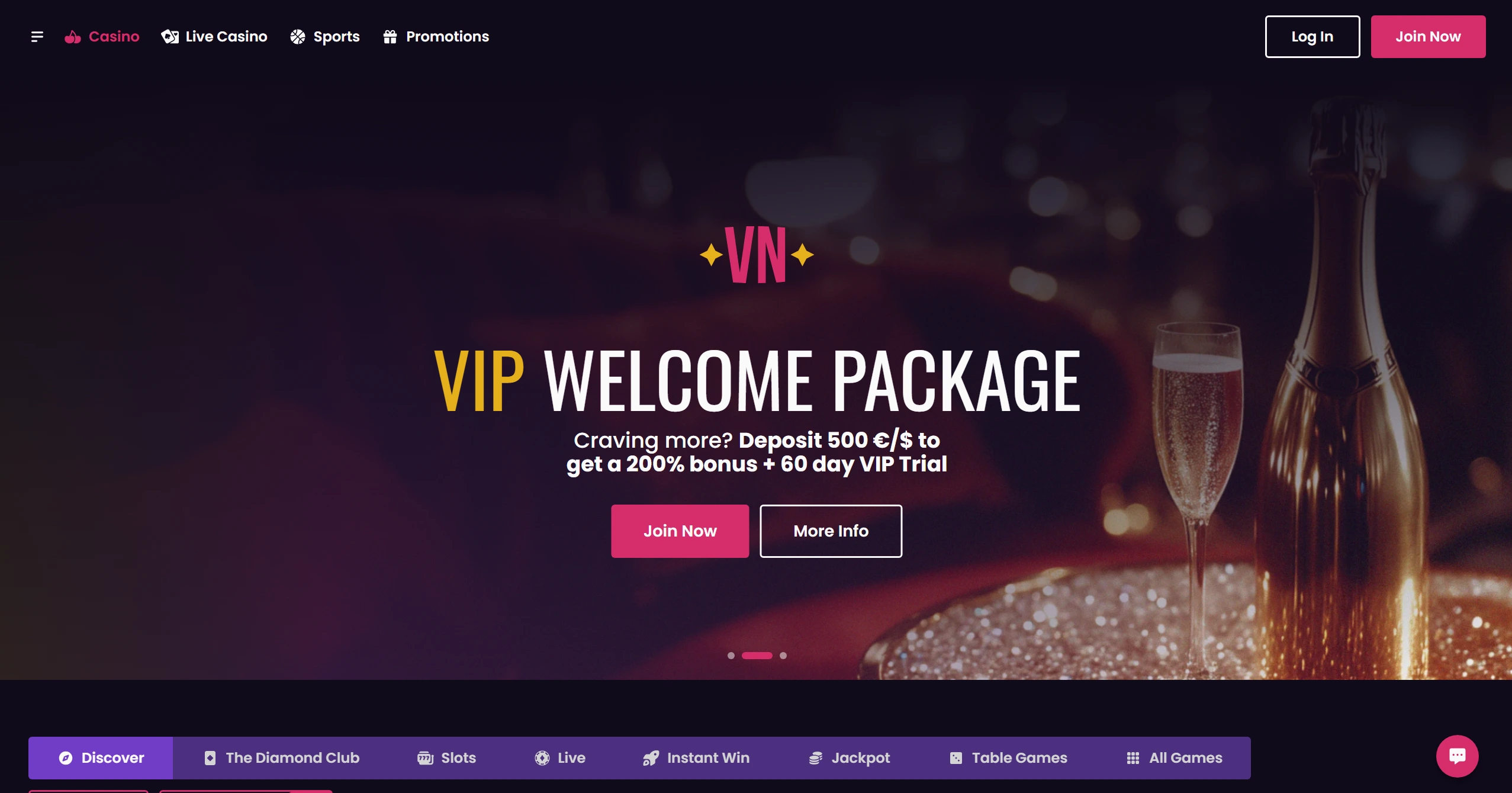 Vegas Now frontpage with banner displaying a VIP welcome package up to 200%